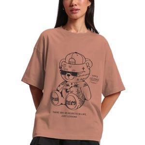 JUNEBERRY® 100% Pure Cotton Oversized Loose Baggy Fit Drop Shoulder Half Sleeve Round Neck Cool Front Teddy Printed Cork & White T-Shirt for Women/Girls